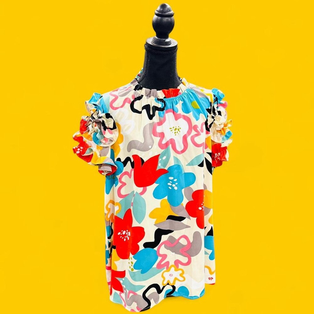 Oddi Ruffled Sleeves Abstract Floral Colorful Blouse 1XL